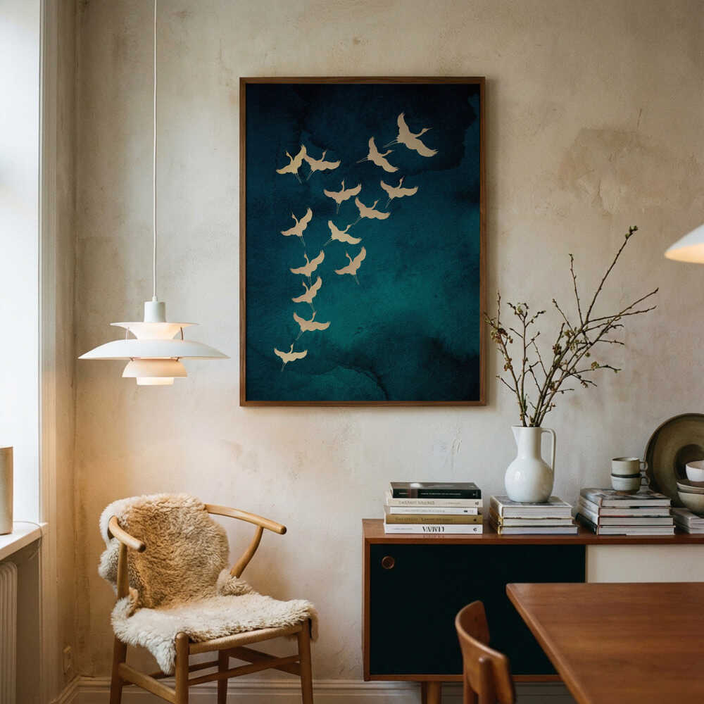 Teal Flying Cranes Poster
