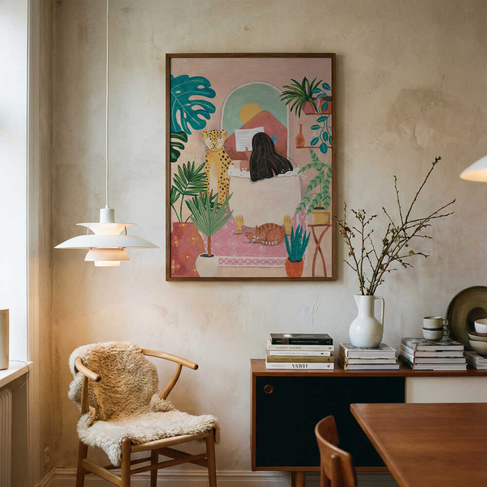 Kvinna som badar i rosa tropiskt badrum Poster