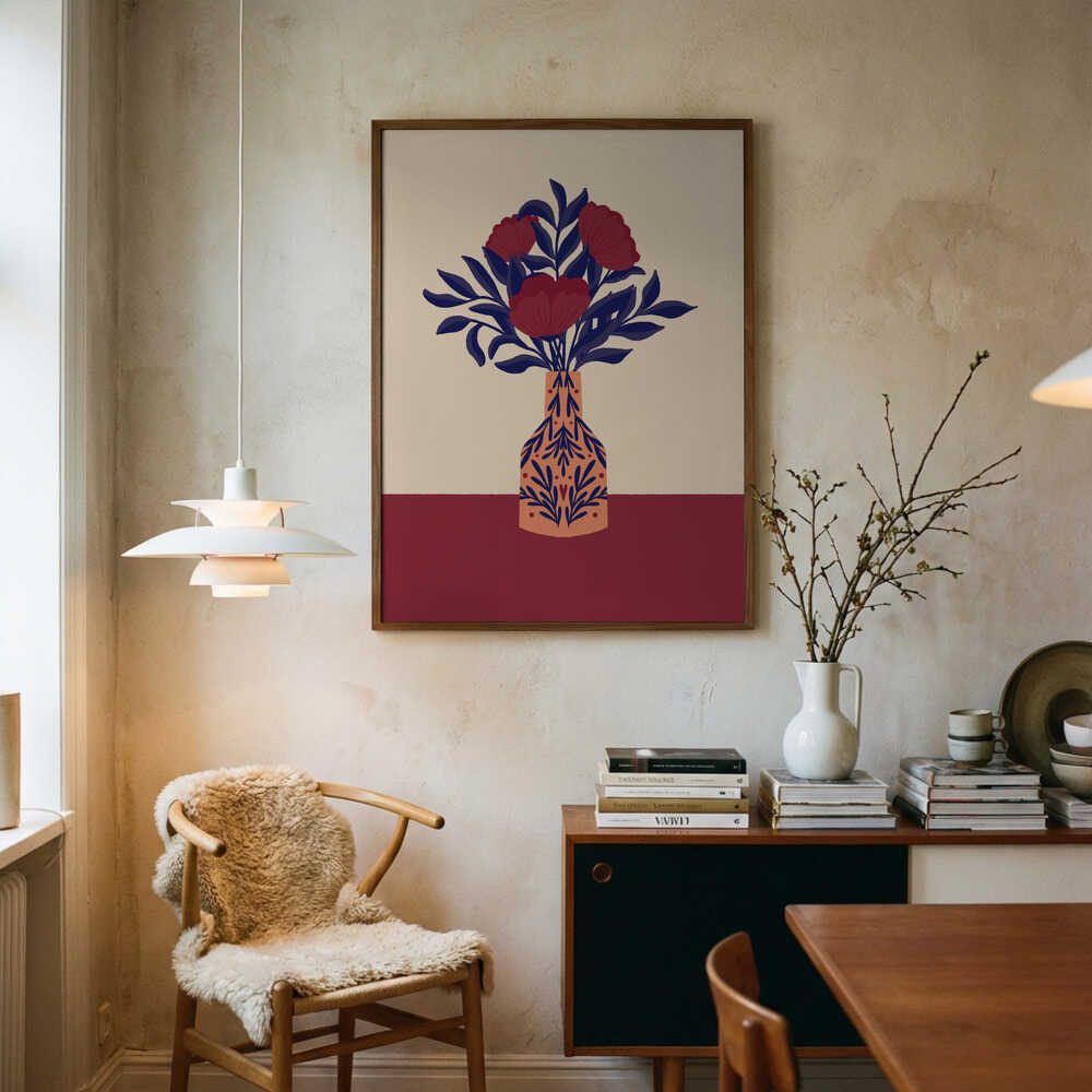 Vinröda vallmoblommor i en vas Poster