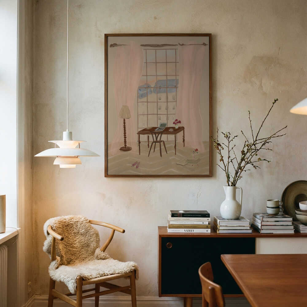 Paris Vinduesudsigt Illustration med Rustikt Skrivebord Plakat
