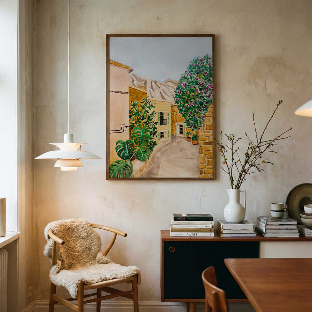 Solig europeisk bygata Poster