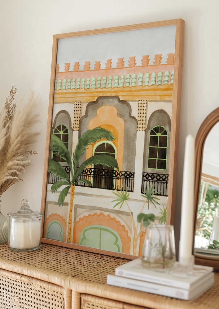 Marockansk byggnad med palmer Poster