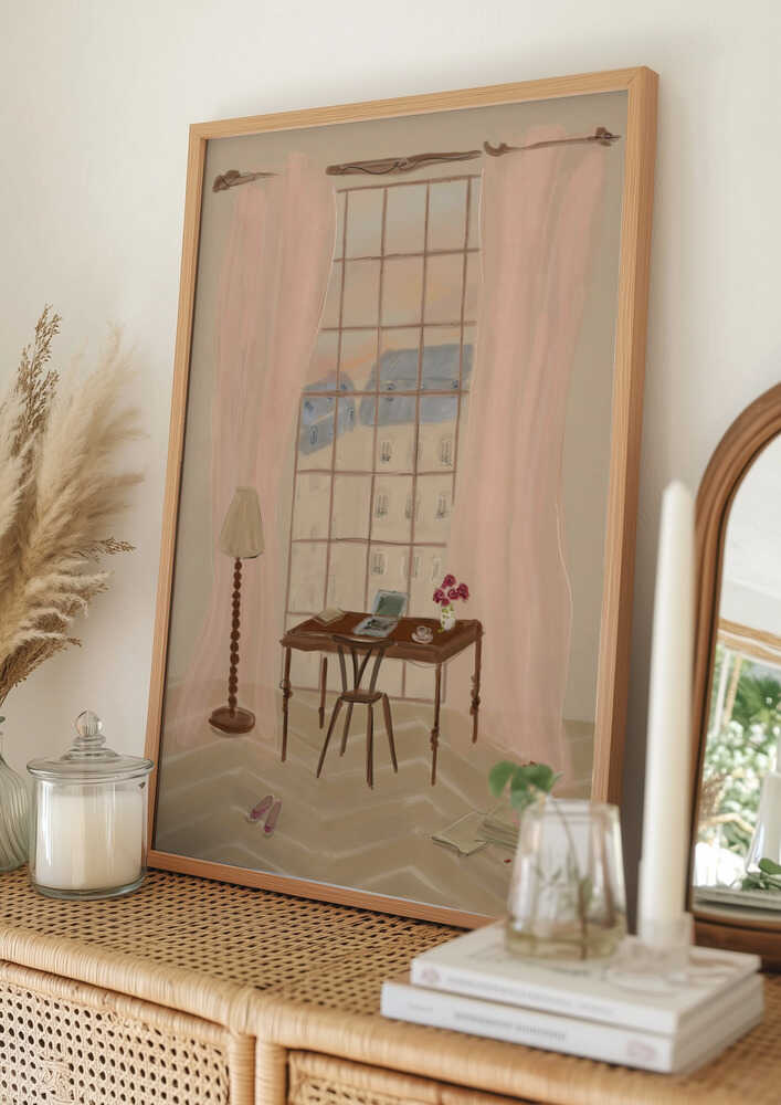 Paris Vinduesudsigt Illustration med Rustikt Skrivebord Plakat