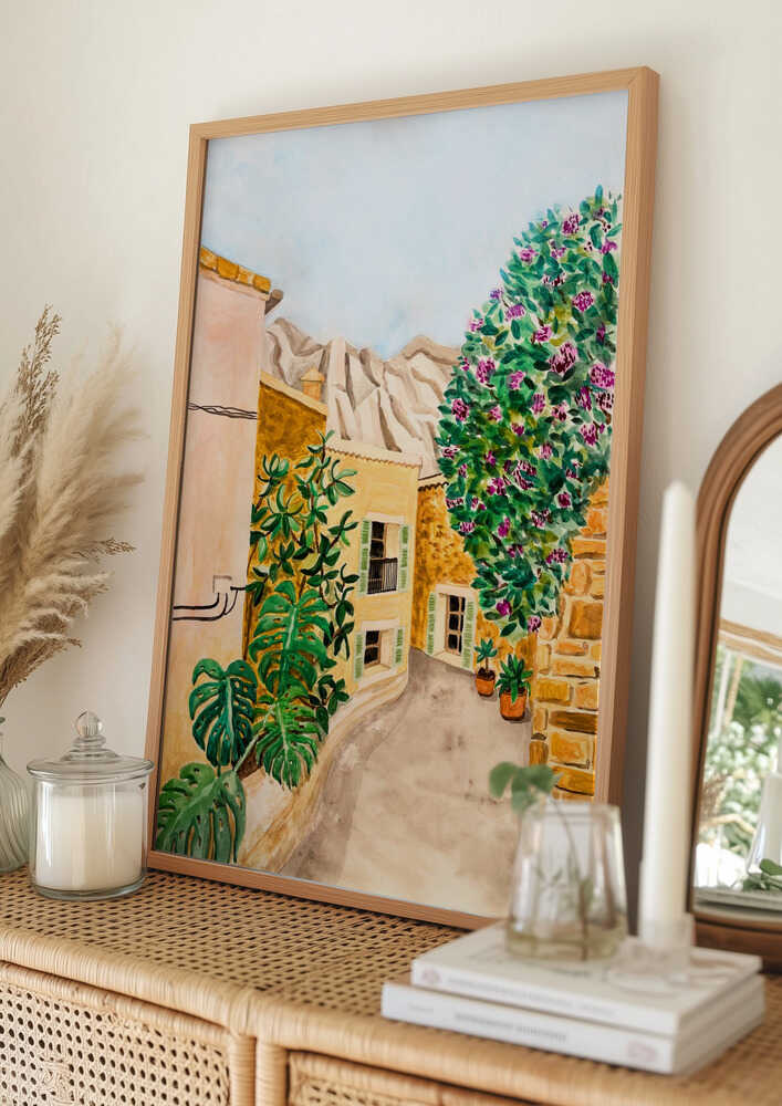 Solig europeisk bygata Poster