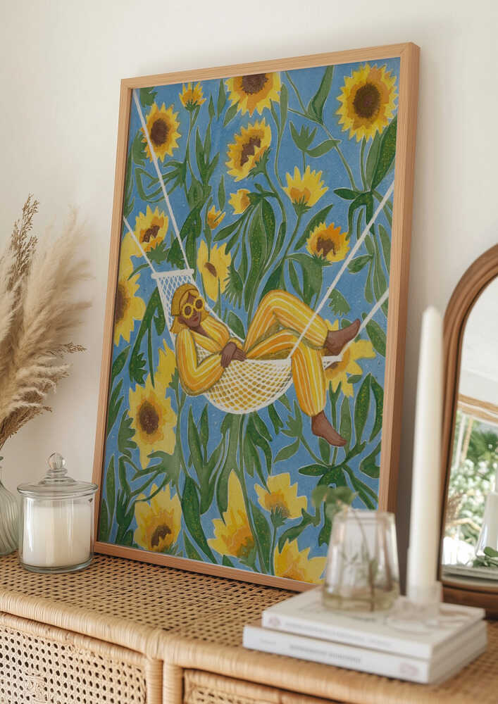 Avkopplande bland solrosor Poster
