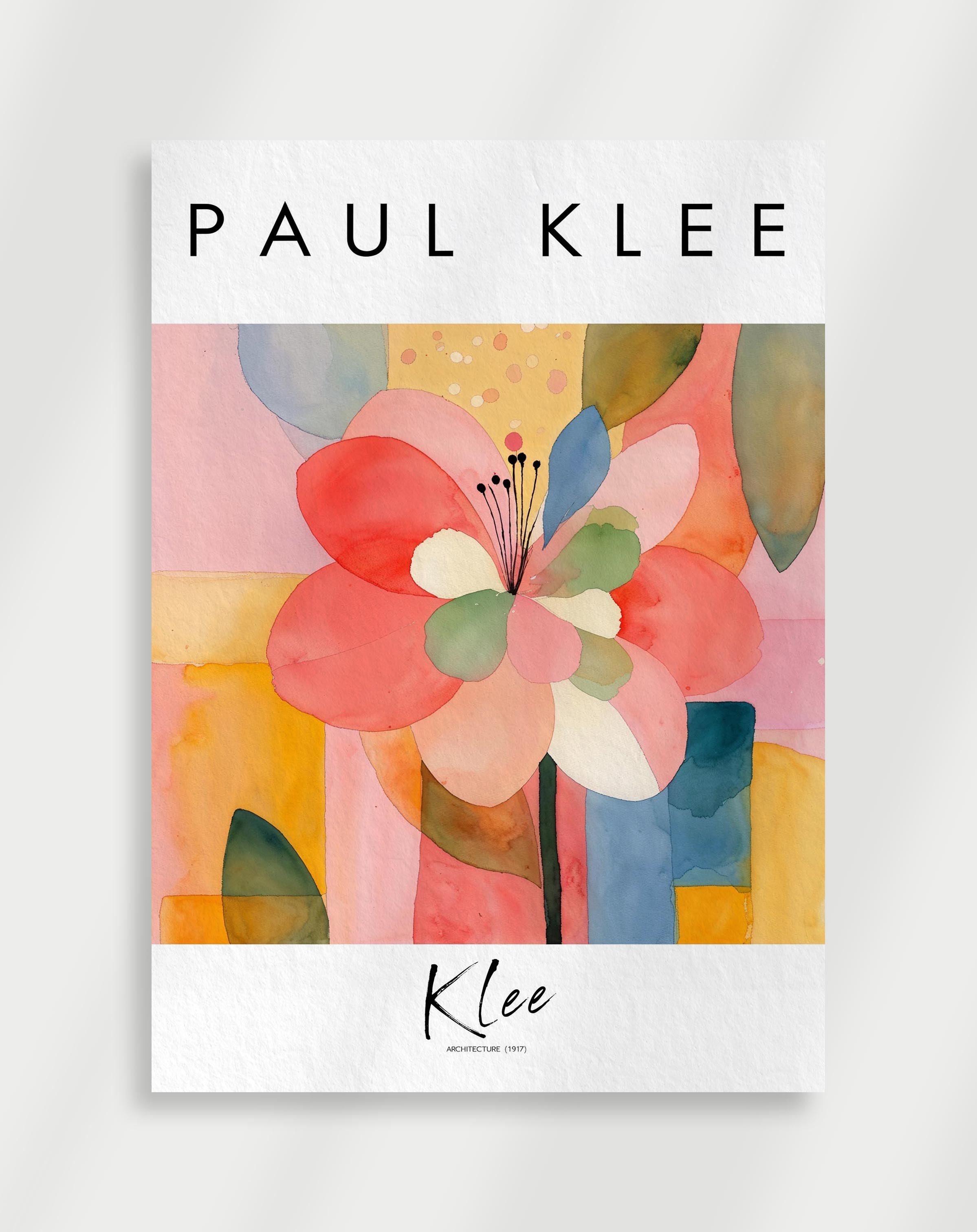 Soft abstract flower painting with pastel colors and layered shapes inspired by Paul Klee