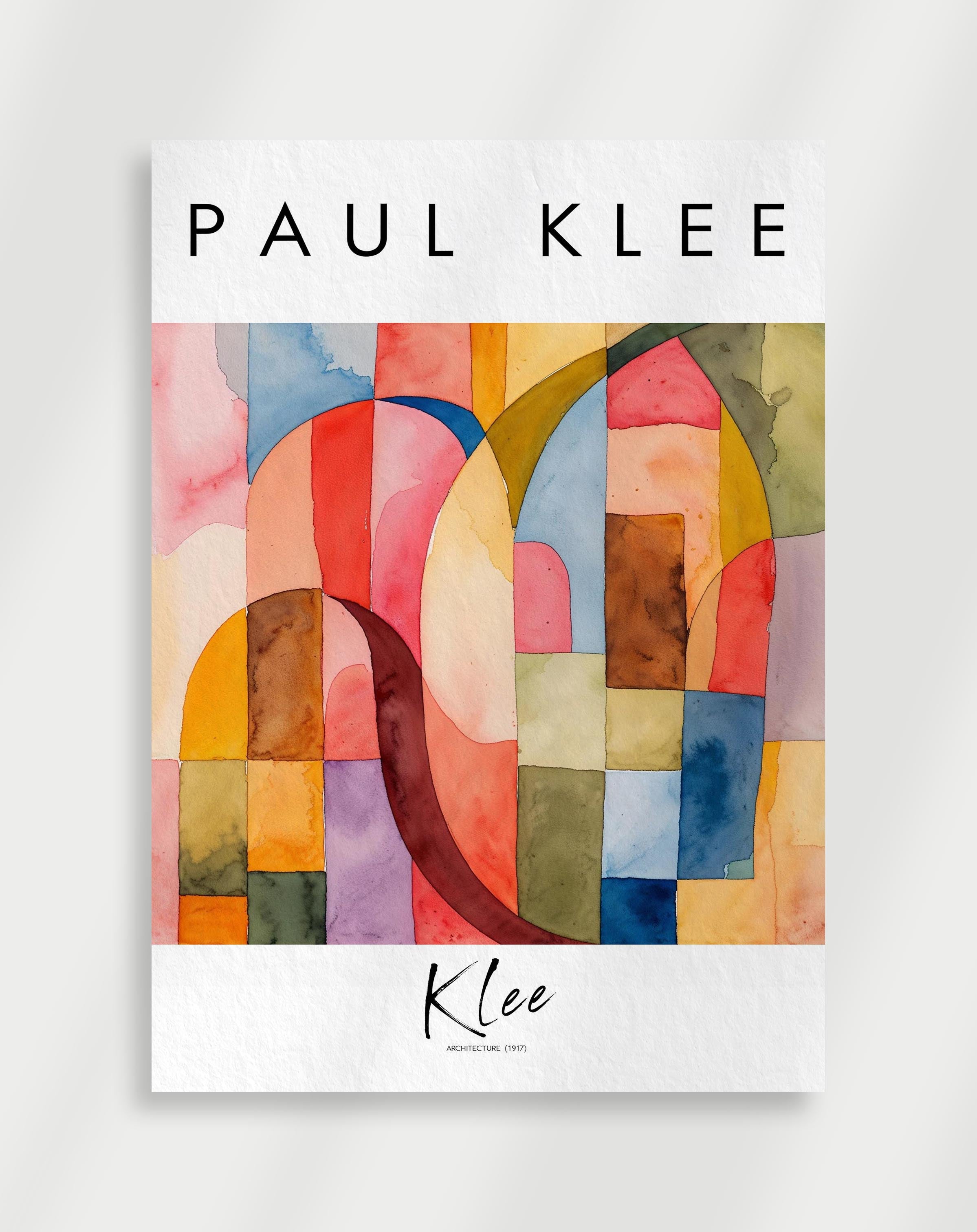 Colorful abstract arches in soft watercolor blocks inspired by Paul Klee architecture style