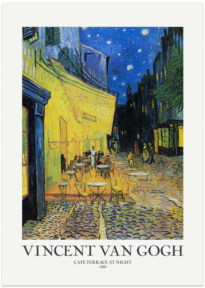 Night café terrace scene with warm lights under a deep blue sky by Vincent van Gogh