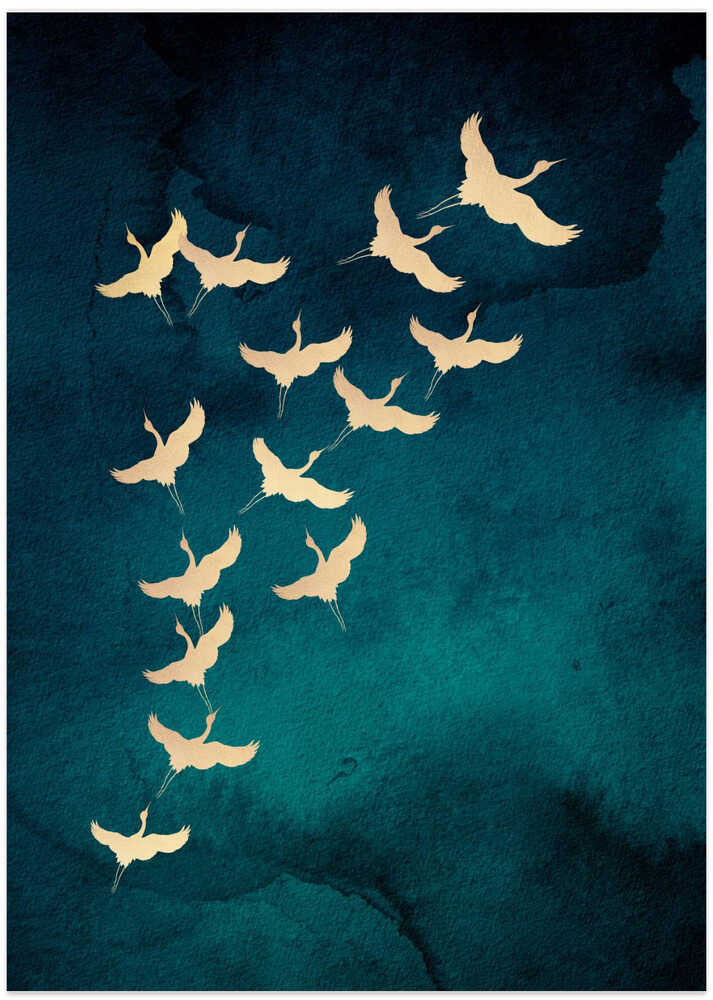 Teal Flying Cranes Poster