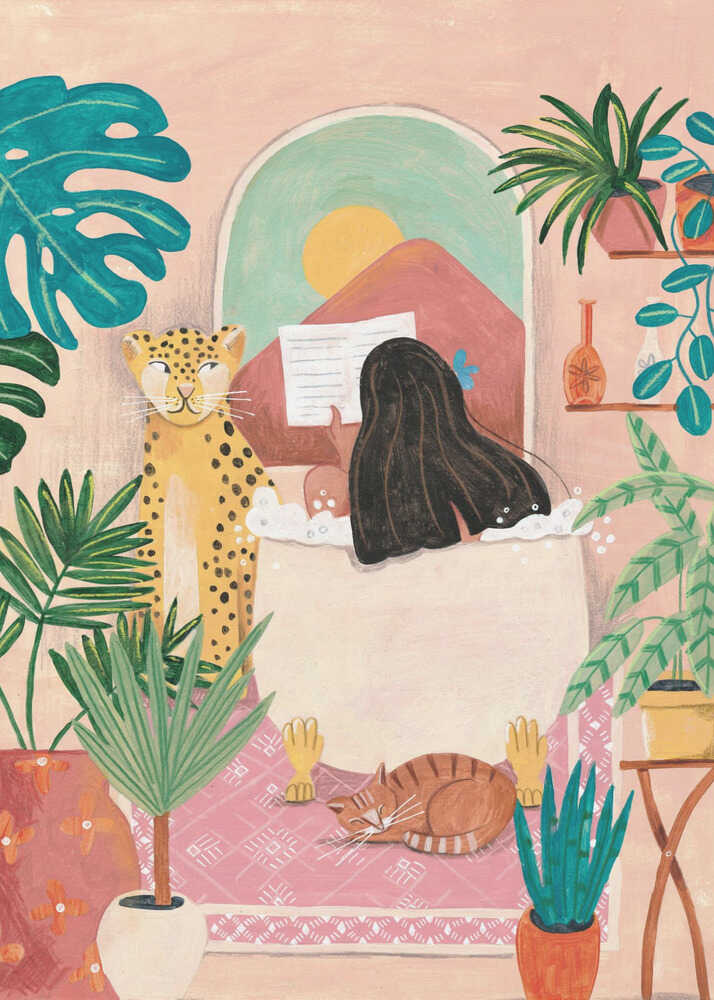 Kvinna som badar i rosa tropiskt badrum Poster