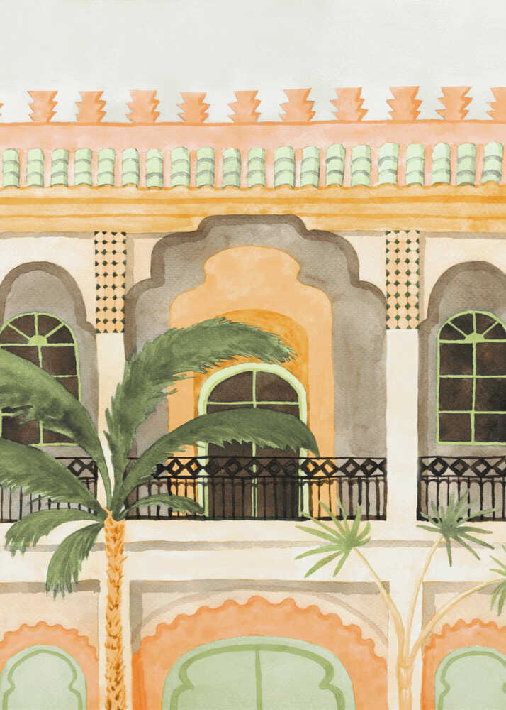 Marockansk byggnad med palmer Poster