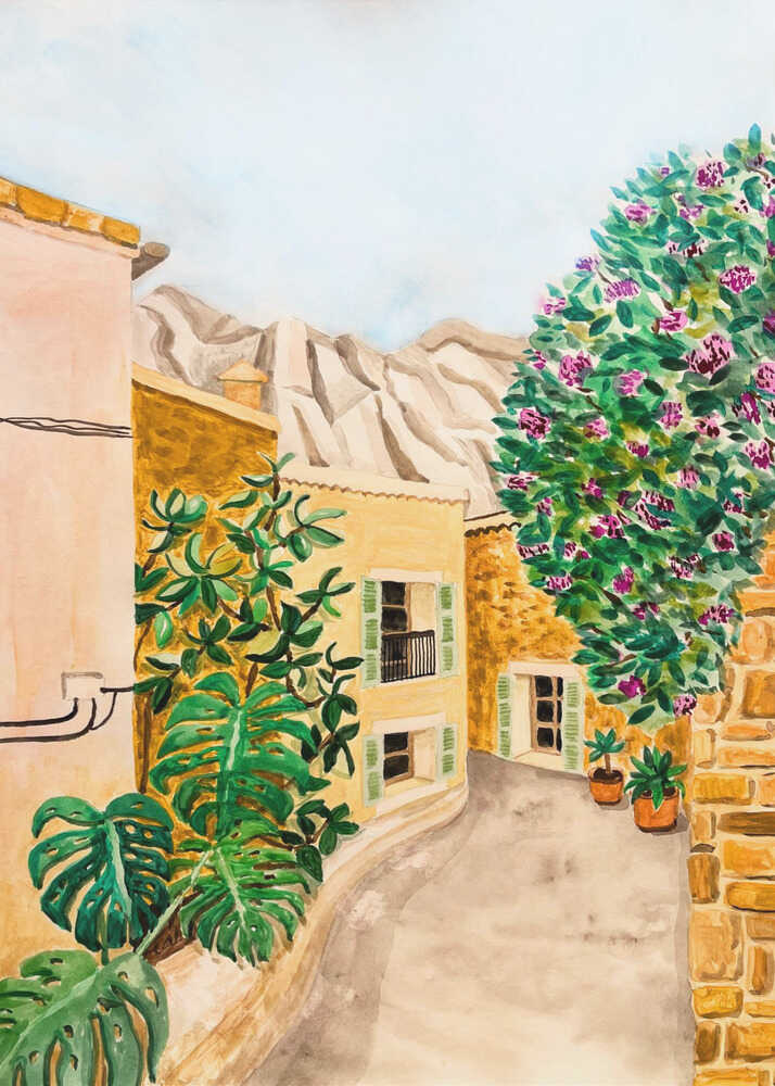 Solig europeisk bygata Poster