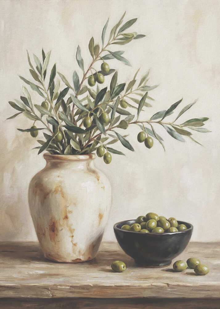 En keramisk skål med oliver-poster