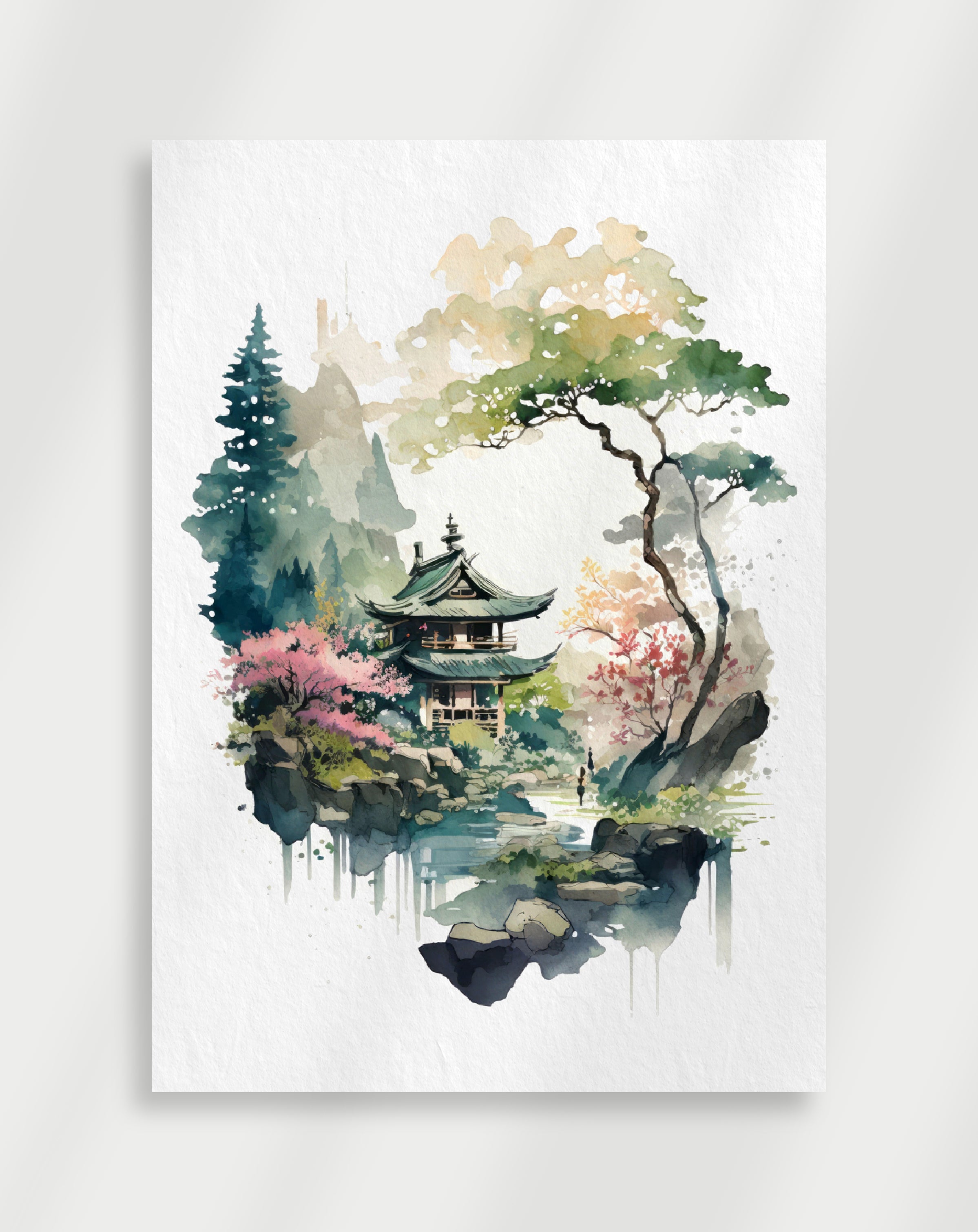 A poster featuring a Japanese garden scene with a house, trees, and flowers, predominantly in pink and green colors.