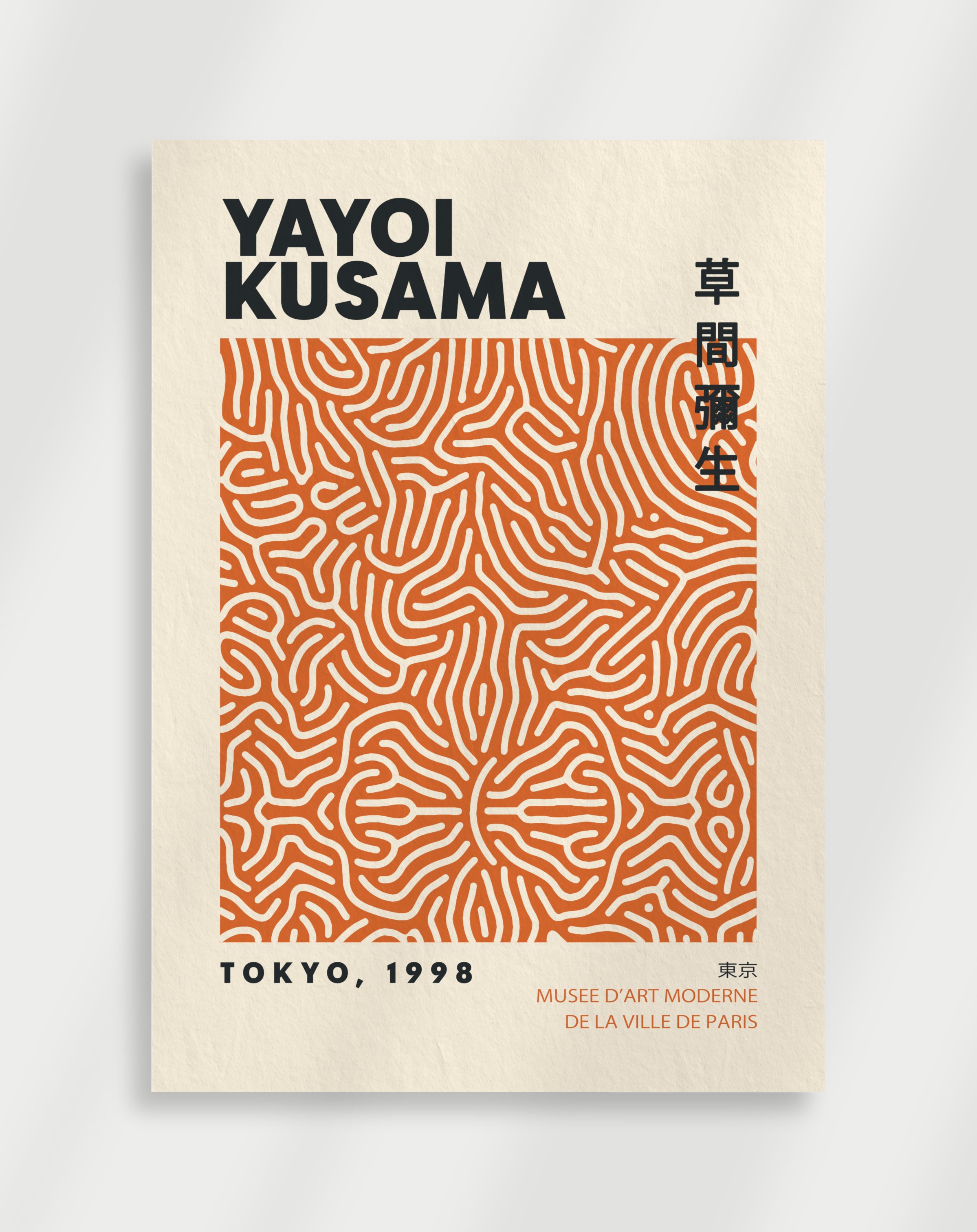 Orange Japandi poster with abstract pattern inspired by Yayoi Kusama