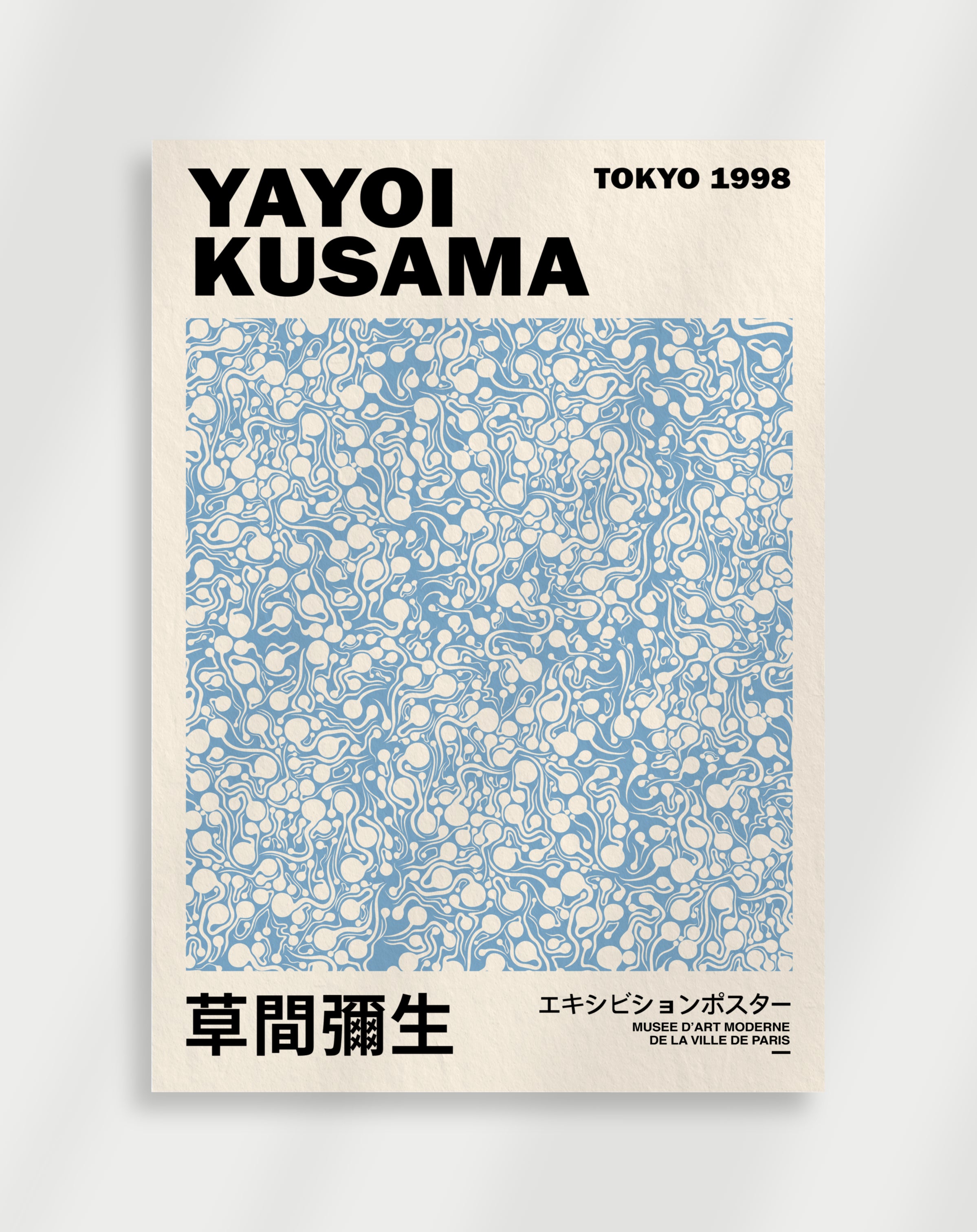 Japandi poster inspired by Yayoi Kusama with detailed pattern and soft tones