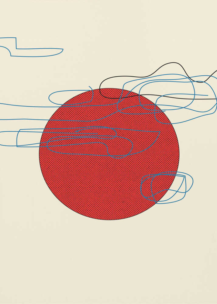 Red circle lines poster with a large red dotted circle and blue and black scribbled lines on a beige background