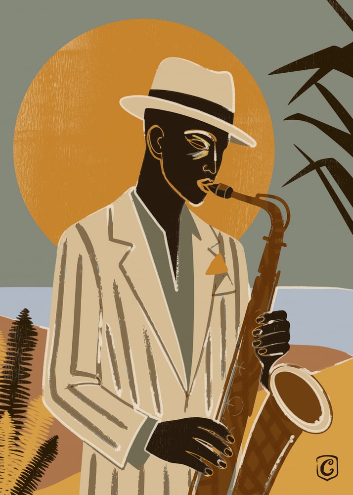 Saxophone player illustration poster with a stylized graphic of a man in a white suit and hat playing a saxophone against a yellow circle
