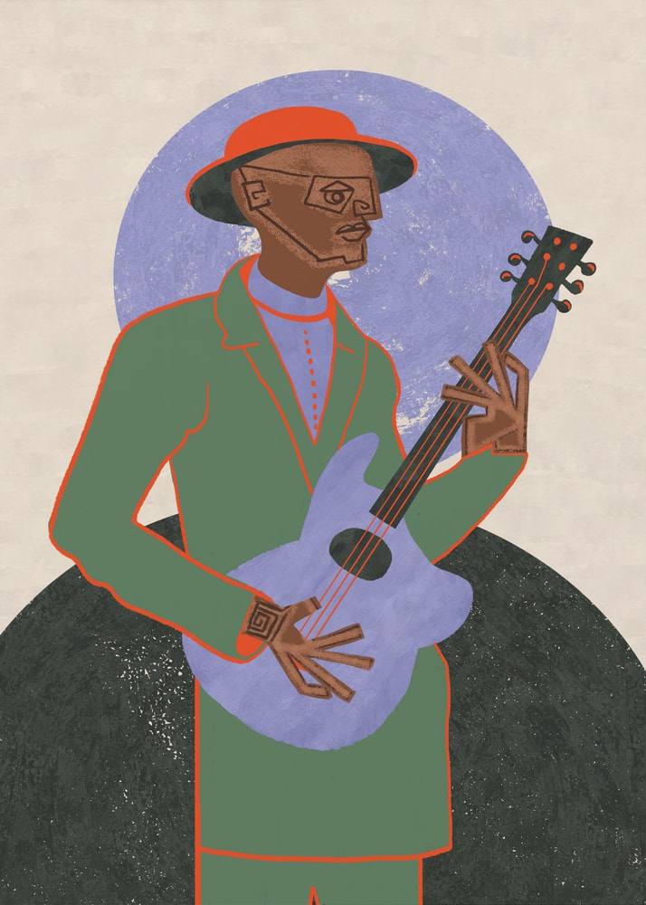 Stylized guitarist green suit poster with a geometric illustration of a musician in a green suit and orange hat holding a purple guitar