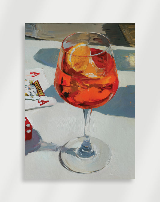 Glass of red cocktail with playing cards Poster