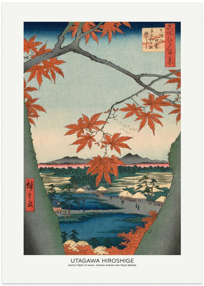 Utagawa Hiroshige Maple Trees at Mama poster with red maple leaves framing a landscape