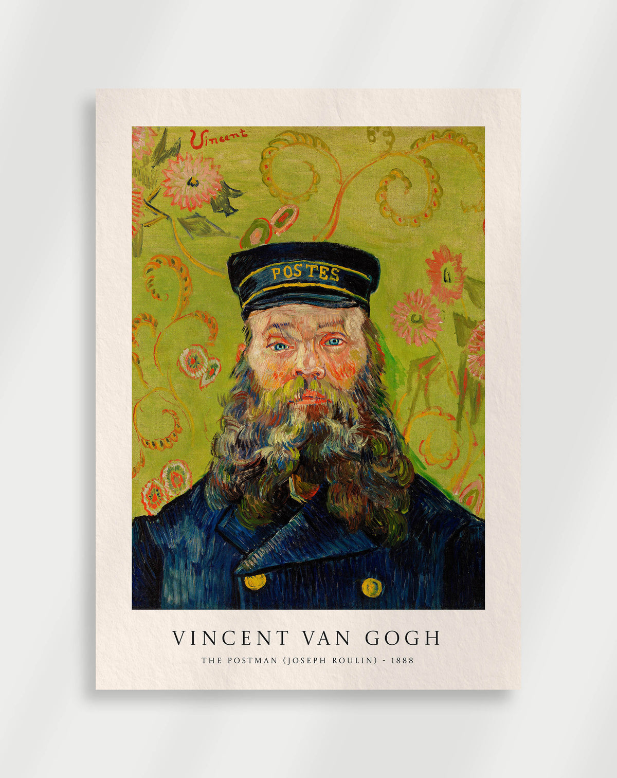 A poster featuring Vincent van Gogh's famous self-portrait as a postman, with vibrant colors and floral background.