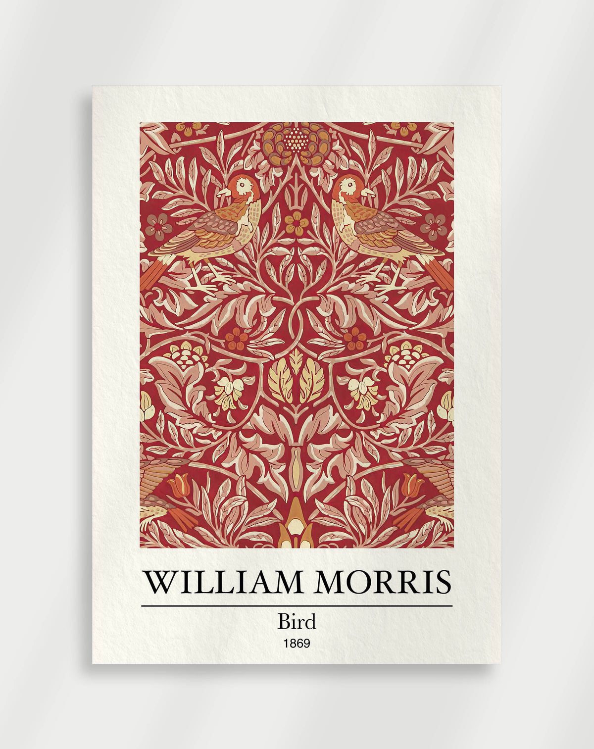 A poster featuring the artwork of William Morris with a floral and bird design in red, green, and gold colors, titled 'Bird' from 1980.