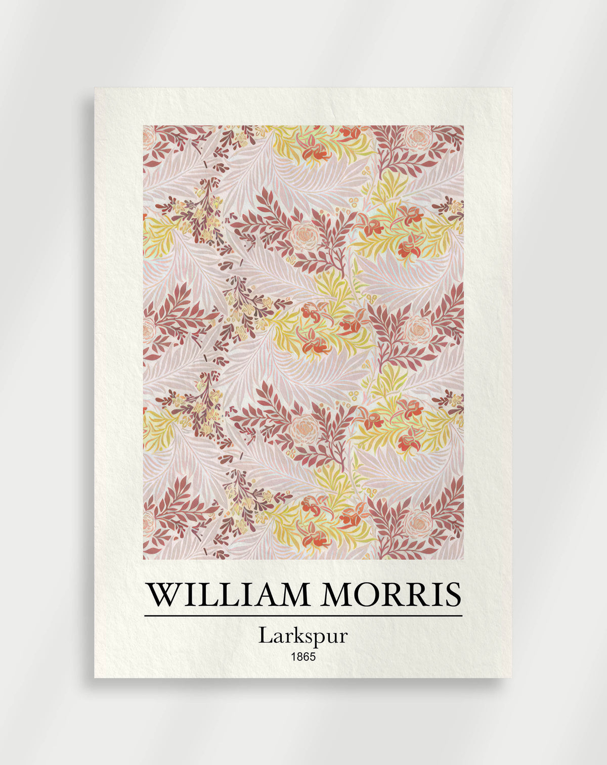 Vintage botanical Larkspur wall art in pink, red and yellow by William Morris, 1865
