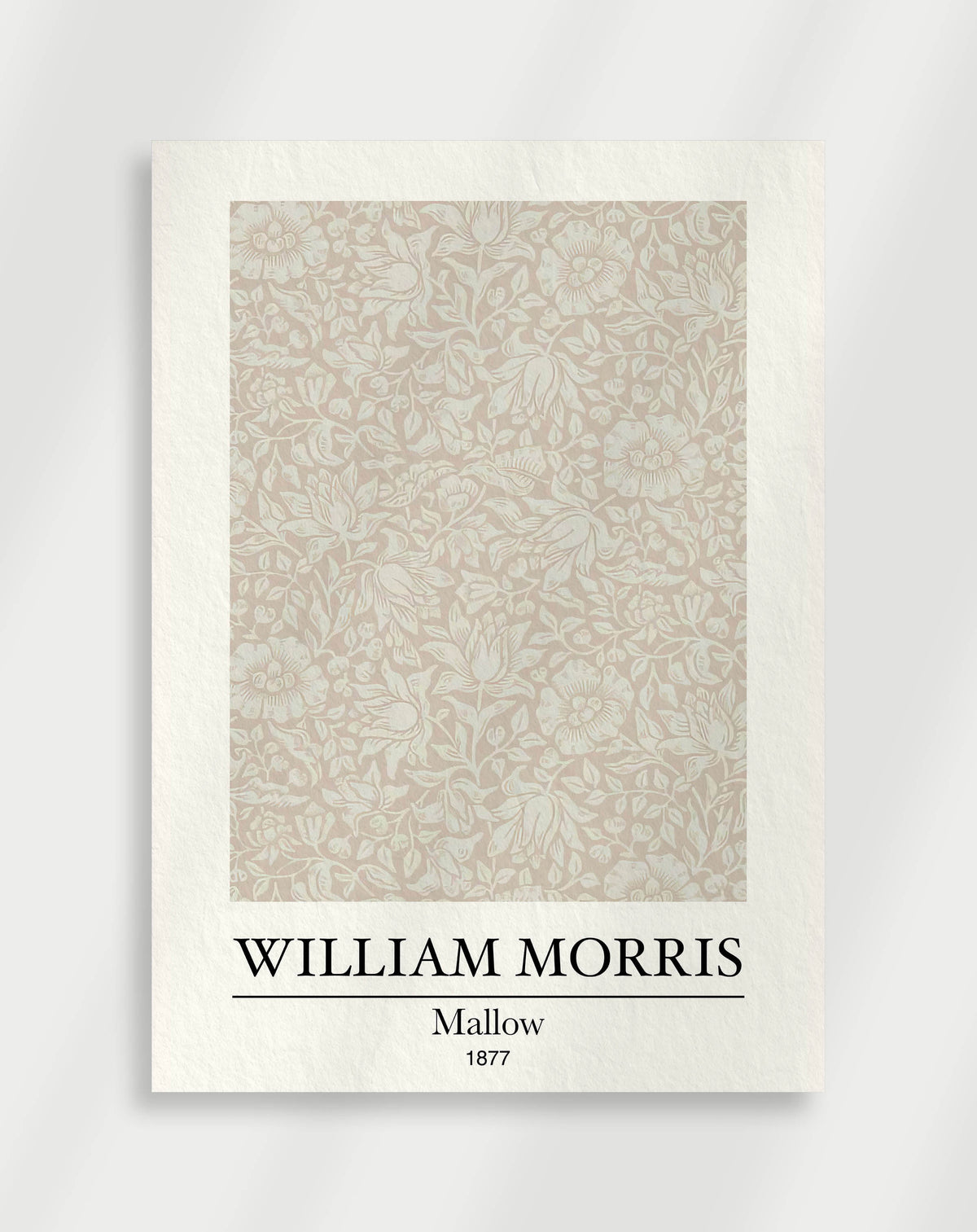 A poster featuring a floral pattern in beige and white, labeled with 'William Morris' and the year '1877'.