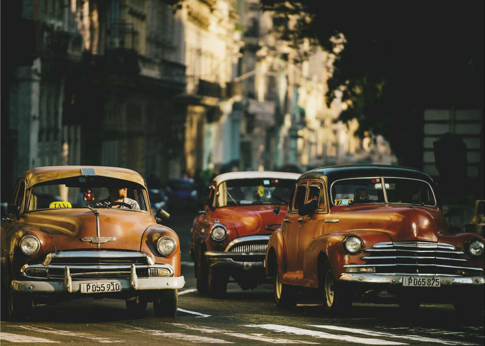 Vintage cars street poster with classic American cars on a city street