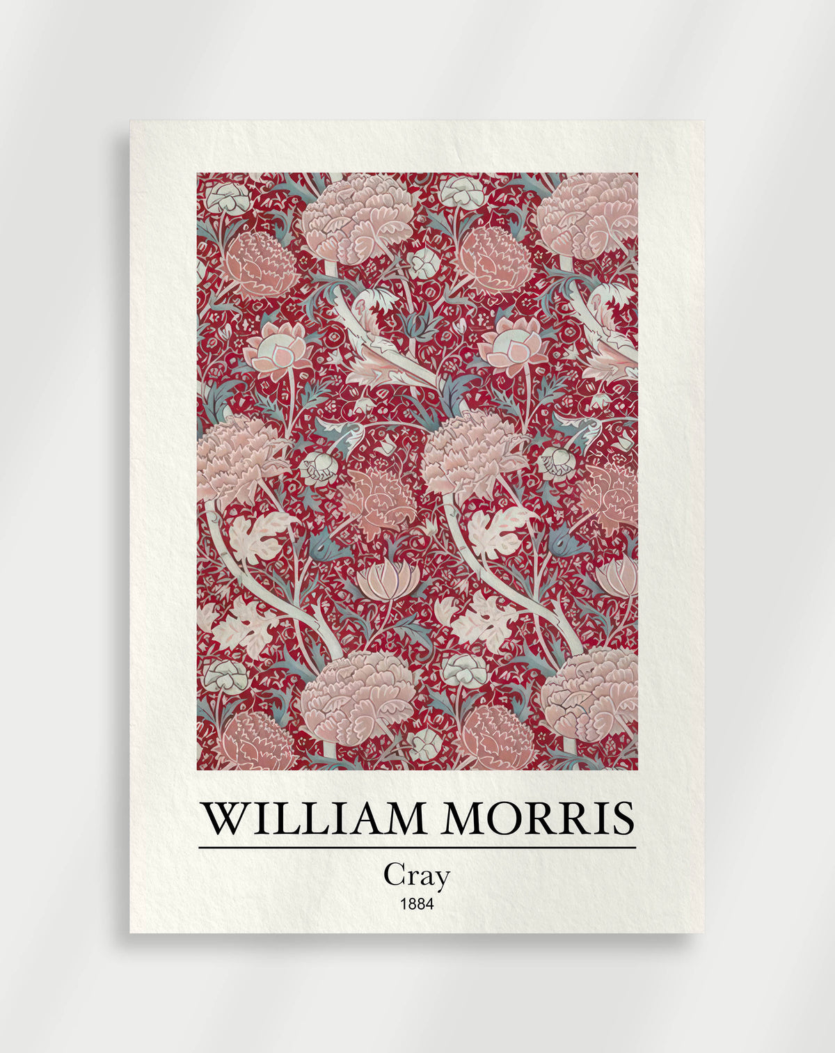 A cray poster featuring the artwork of William Morris with a floral and bird design in red, green, and white colors.