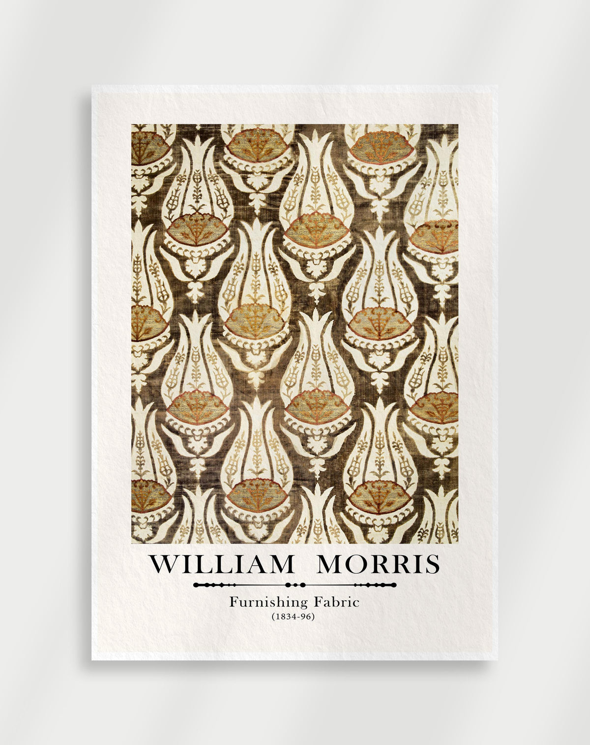 Vintage furnishing fabric wall art with cream floral motifs on brown by William Morris