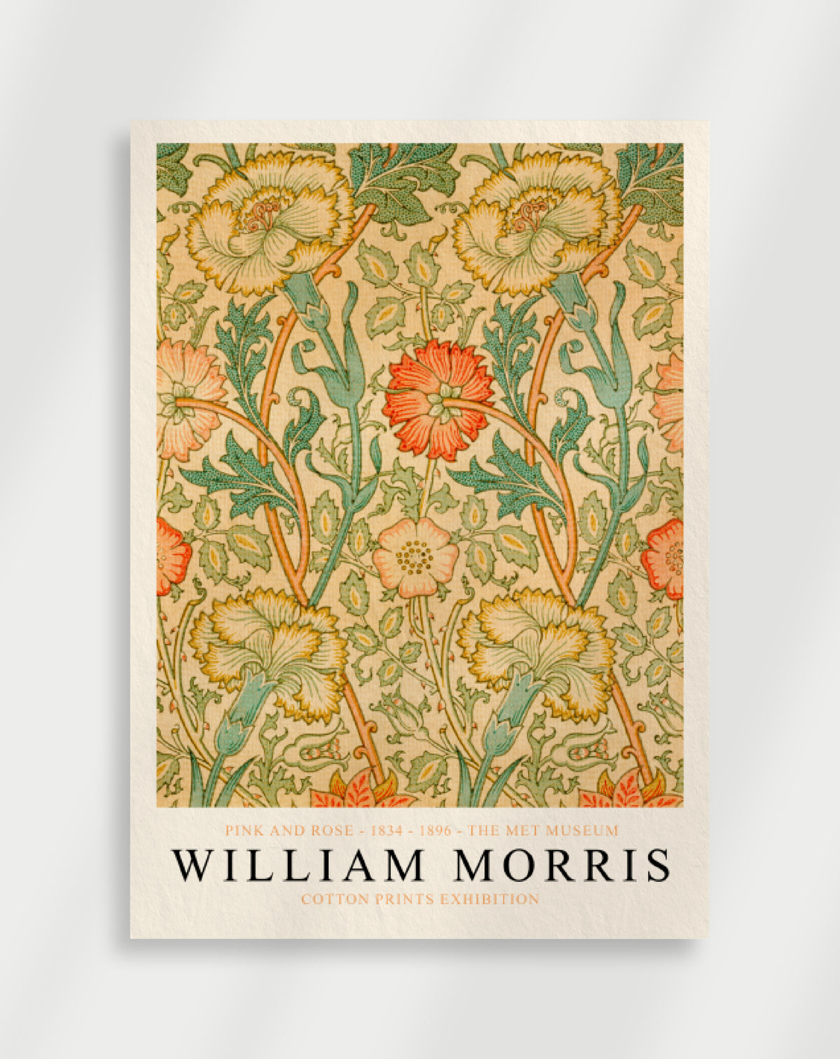 Vintage Pink and Rose wall art with coral and yellow flowers by William Morris