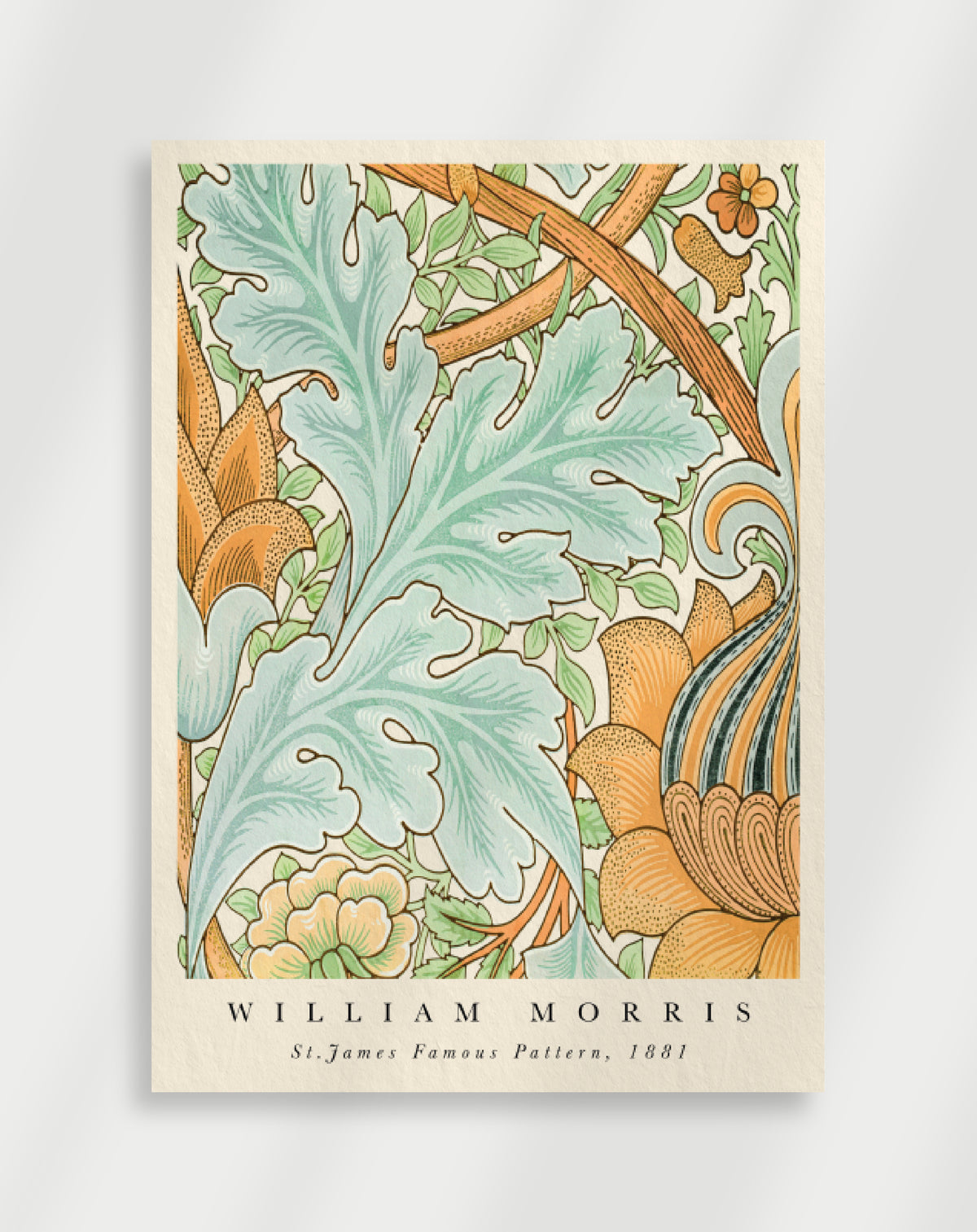 A printed art poster featuring a historical floral pattern design by William Morris, with intricate leaf and floral motifs in shades of green and brown.