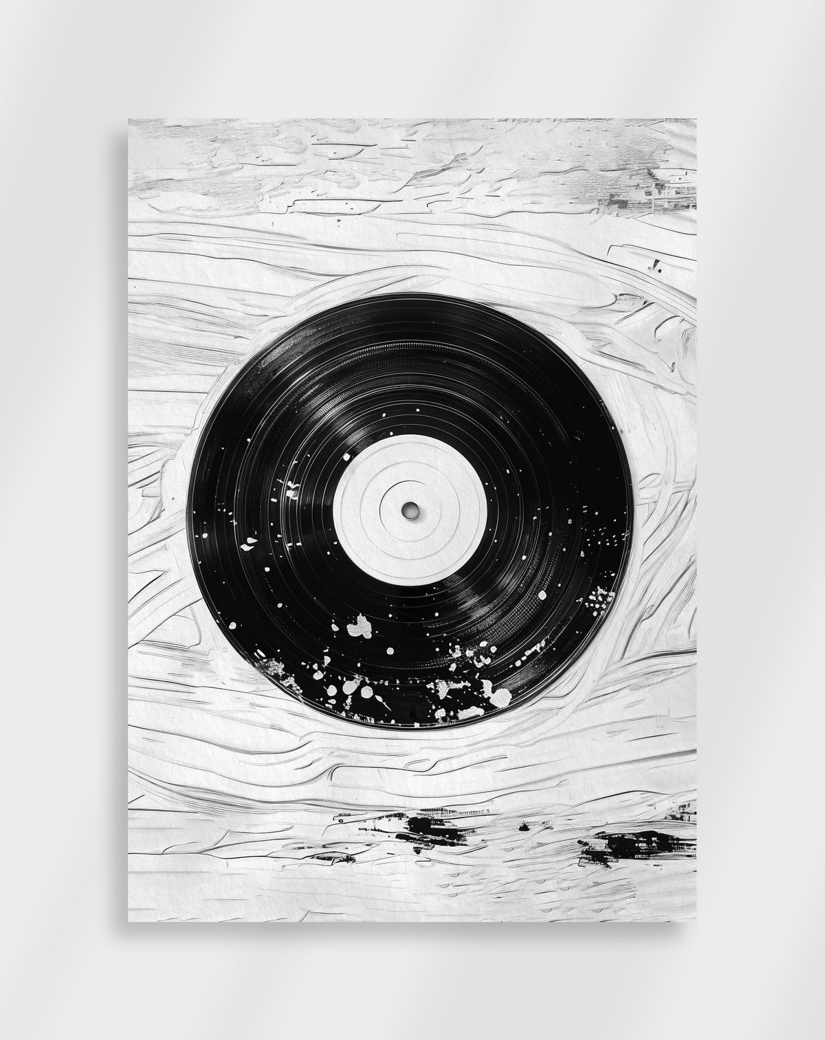 Vinyl record poster with a black and white illustration of a vinyl record