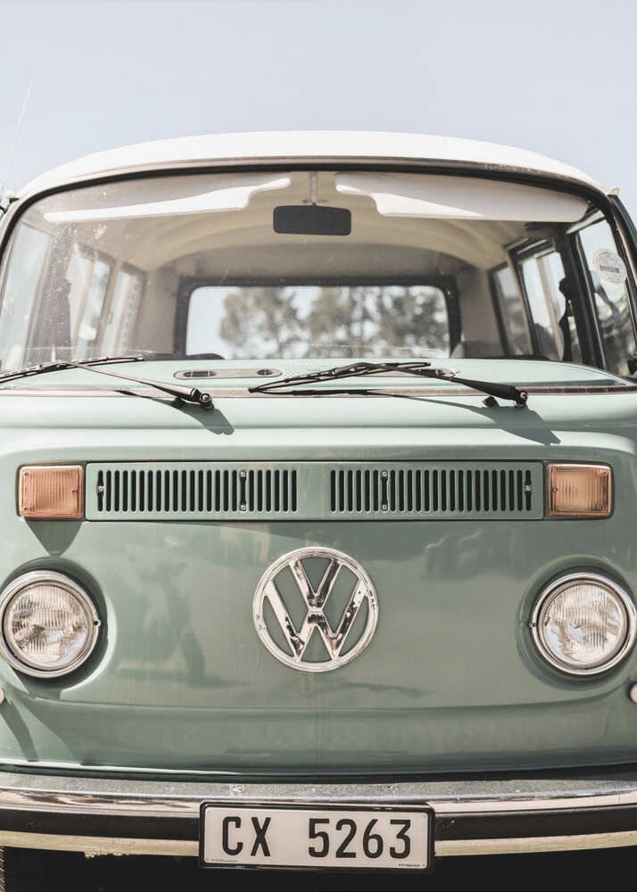 Volkswagen van poster with the front of a mint green Volkswagen Type 2 van