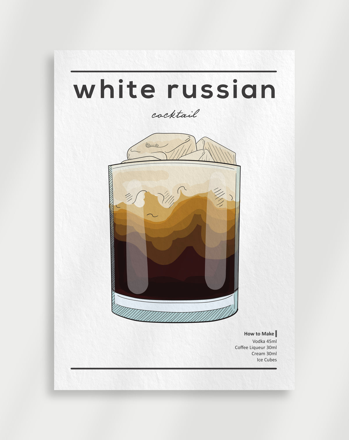 White russian cocktail poster with a line drawing of a white russian in a glass with ice and layered cream