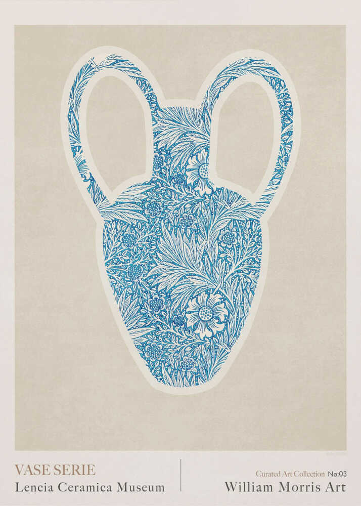 William Morris blue vase serie poster with a graphic of a vase silhouette filled with blue and white floral pattern labeled William Morris Art