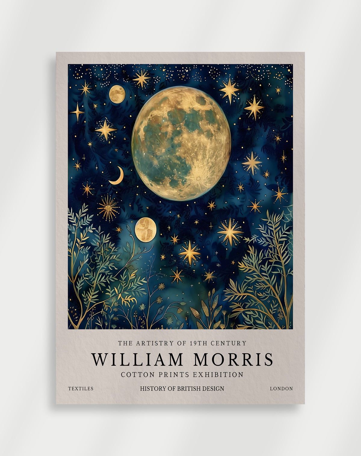 William Morris cotton prints exhibition poster with a gold moon and stars on deep blue