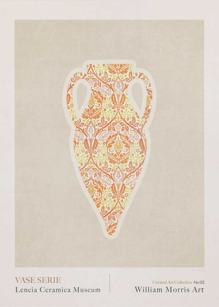 William Morris vase serie poster with a graphic of a vase silhouette filled with orange and green floral pattern labeled William Morris Art