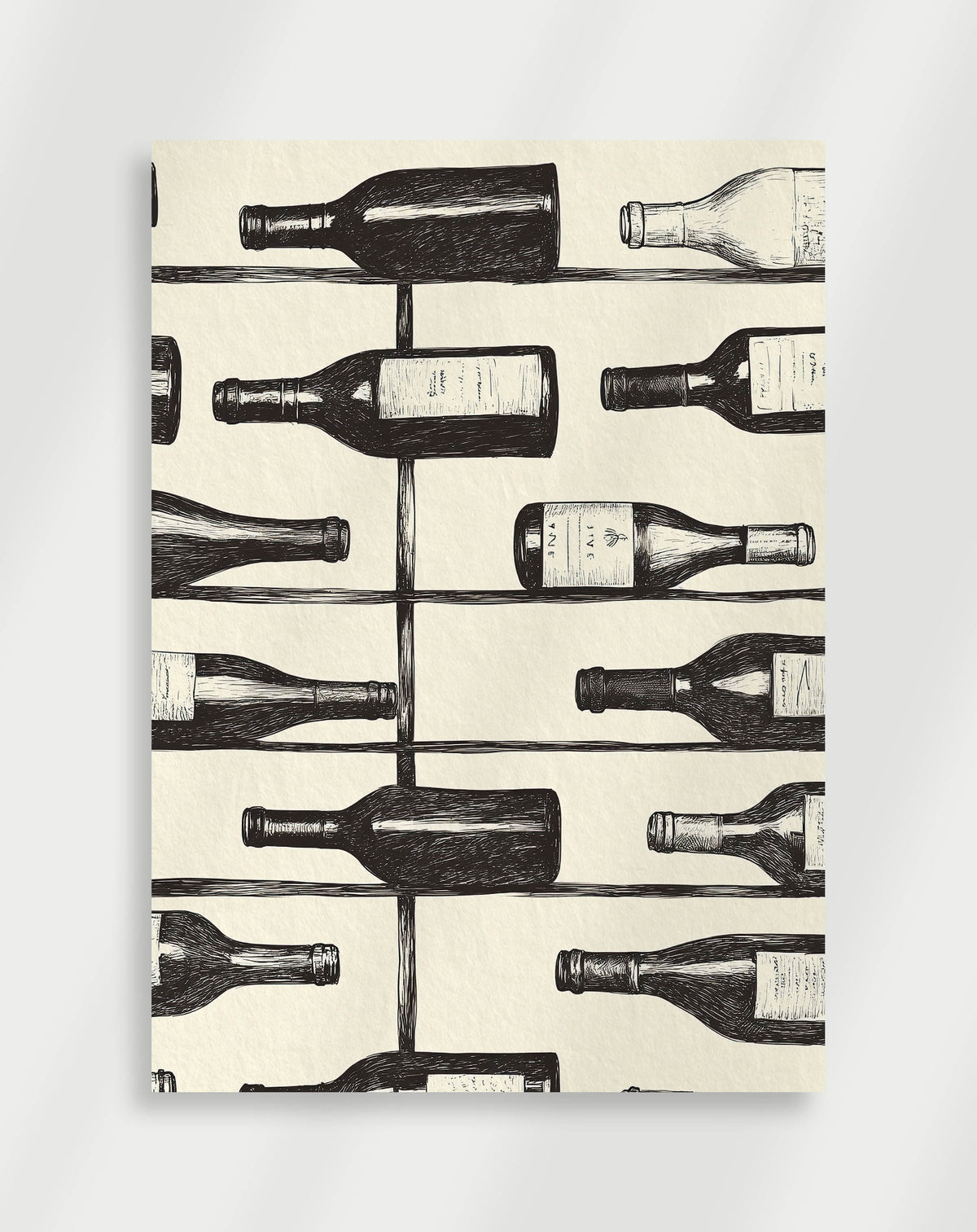 Wine bottles rack poster with a black and white engraving of wine bottles stored horizontally on racks