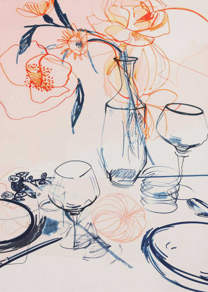 Wine glasses flowers drawing poster with a loose line drawing of wine glasses, a vase and flowers in orange and blue lines