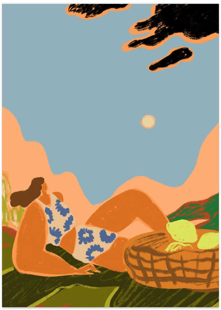 Woman by water illustration poster with a stylized graphic of a woman in a swimsuit reclining by the water with a picnic basket