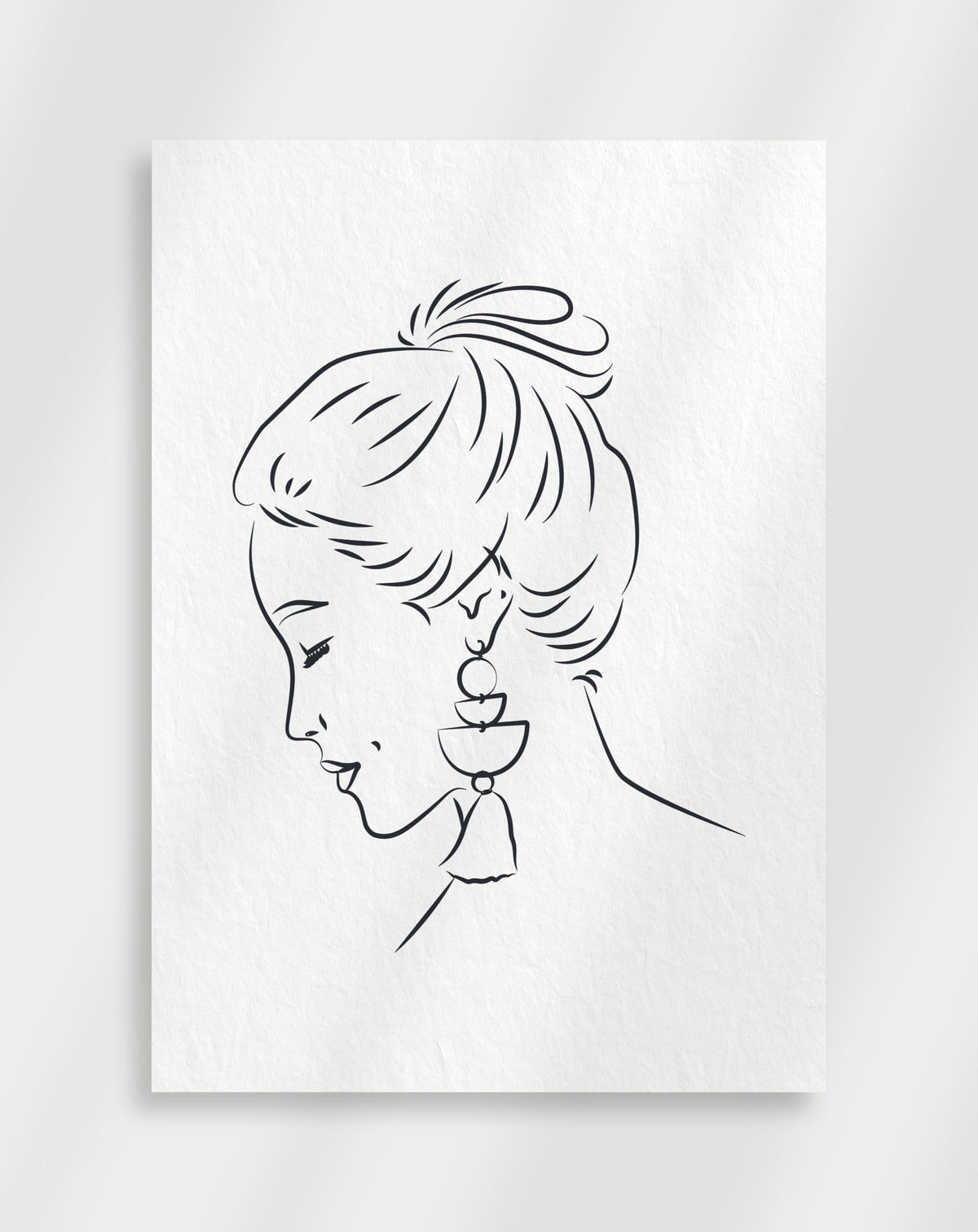 Woman earrings line art poster with a black line drawing of a woman's profile with an updo and dangling earrings