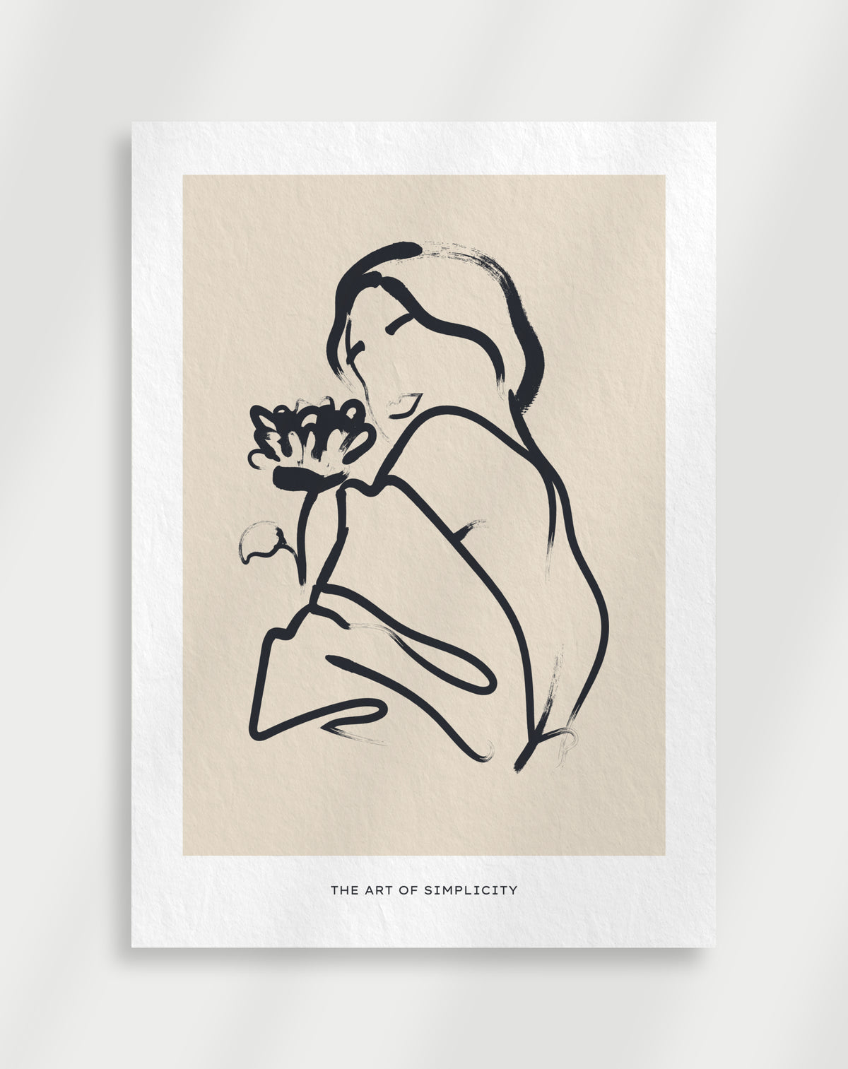 Woman flower line art poster with a black line drawing of a woman in profile holding a flower labeled The Art of Simplicity