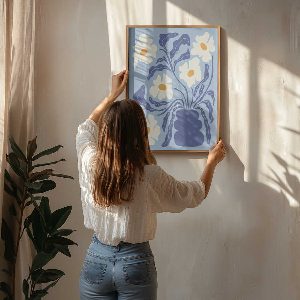 Blå blommig vas Poster