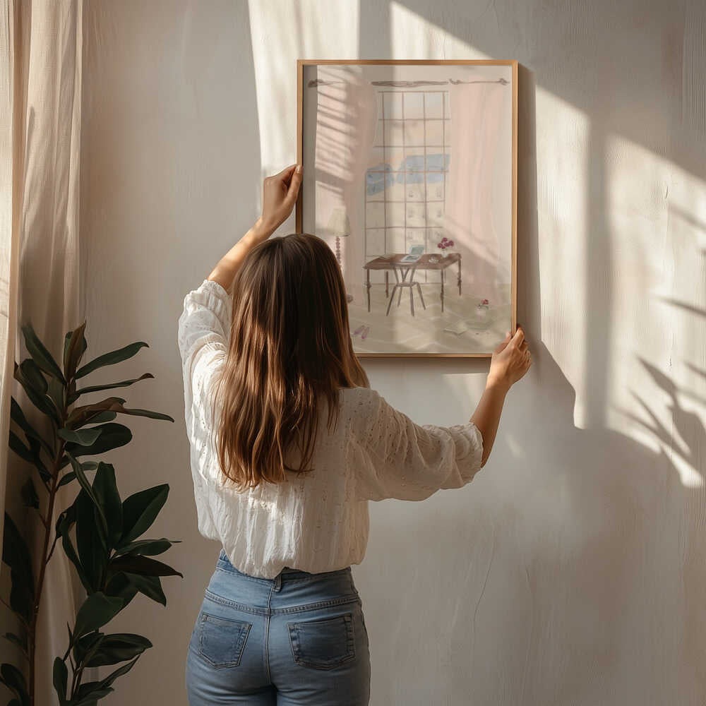 Paris Vinduesudsigt Illustration med Rustikt Skrivebord Plakat