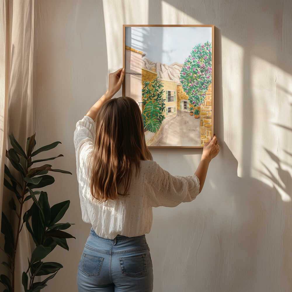 Solig europeisk bygata Poster