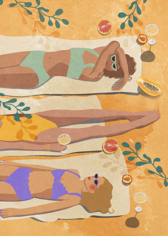 Women sunbathing tropical fruits poster with a stylized illustration of three women sunbathing surrounded by tropical fruits and drinks
