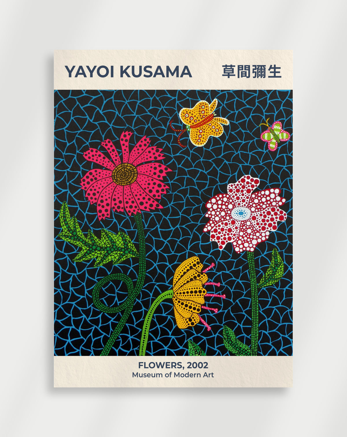 Yayoi Kusama Flowers 2002 poster with colorful dotted flowers and butterflies